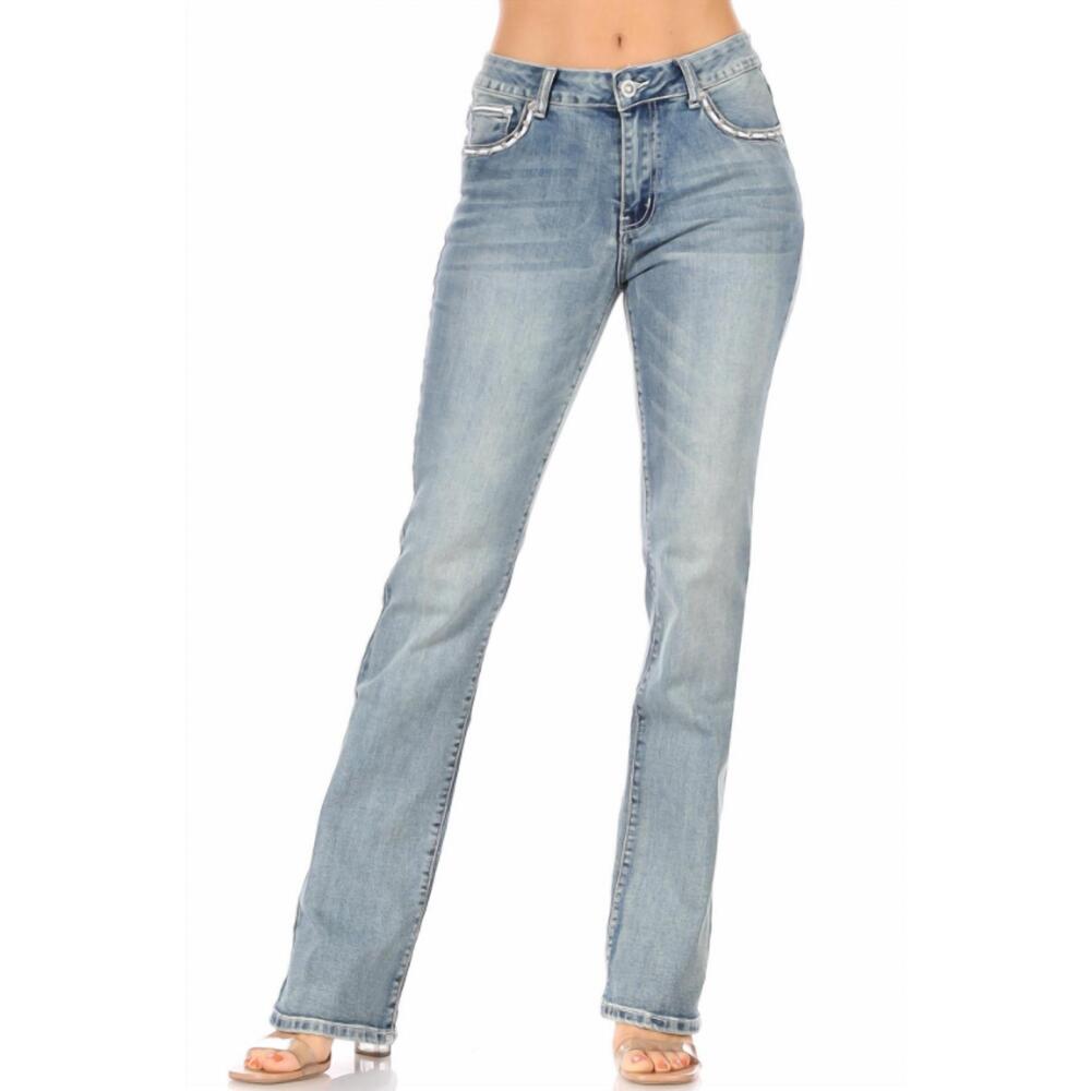 NEW BUS STOP sparkle wings distressed skull jean in light wash